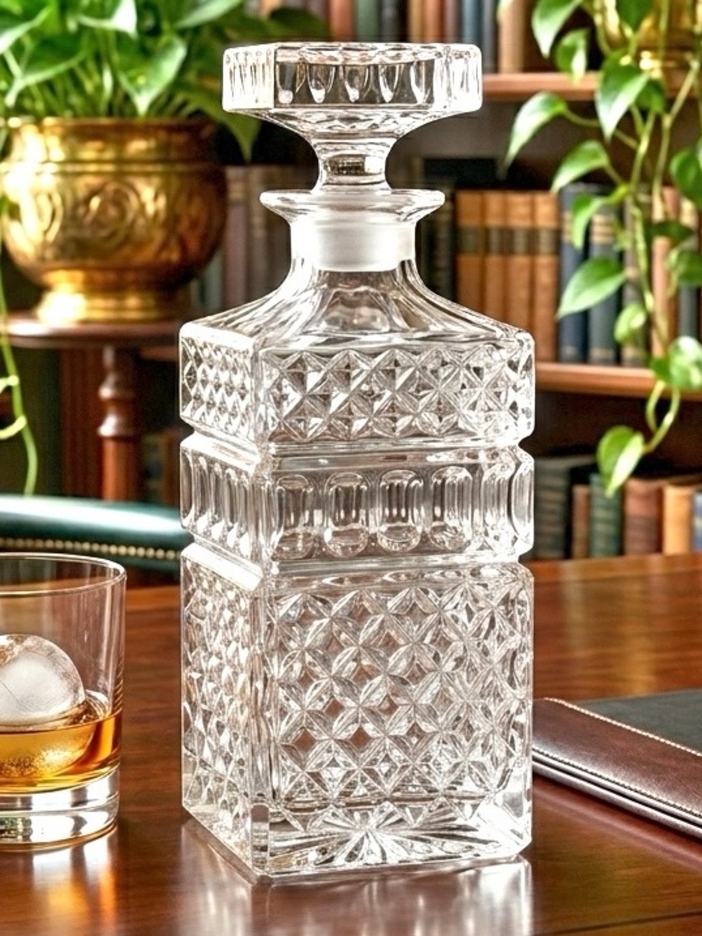 VTG Heavy Lead Crystal Square Whiskey Decanter Diamond Thumbprint Cut 4lb 9oz